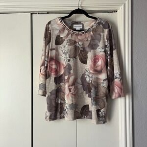 Alfred Dunner Floral Top Women's L Large 3/4‎ Sleeve Embellished Neckline Knit